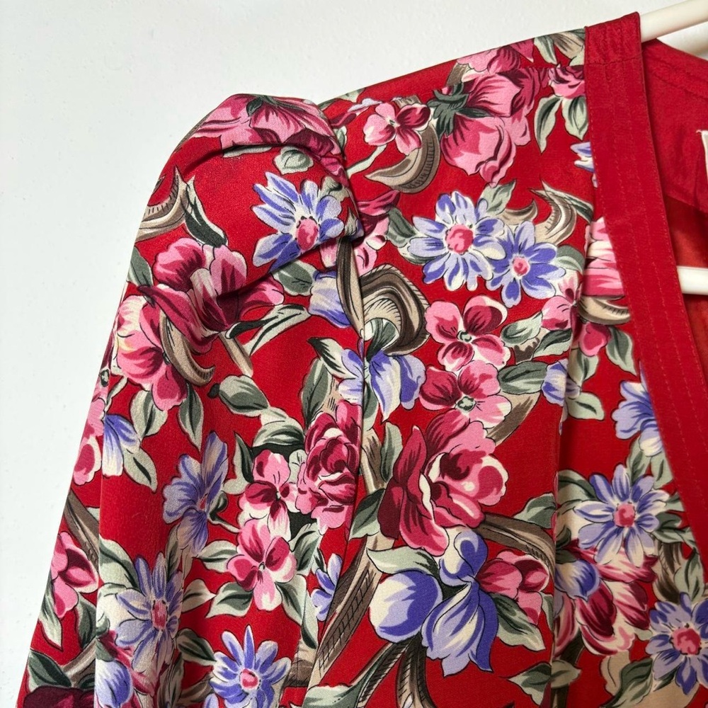 Vintage 100% silk red floral brocade puff sleeve Richard Warren jacket - Picture 6 of 8